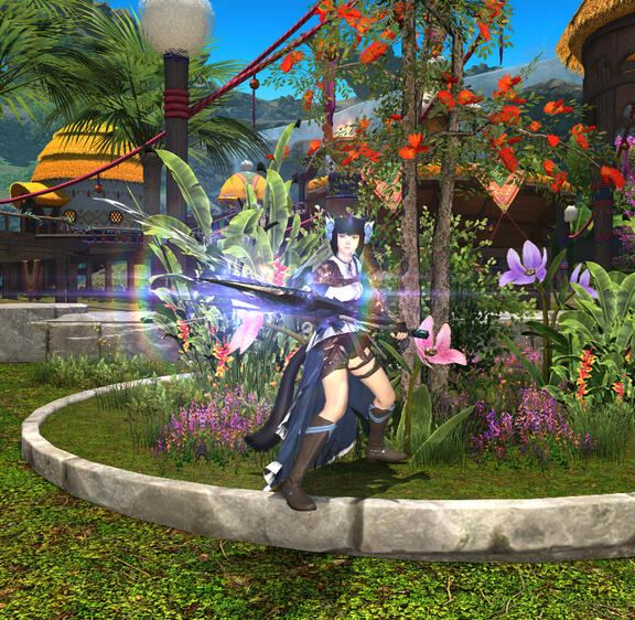 Hard to see outfit and weapon, background too complex.